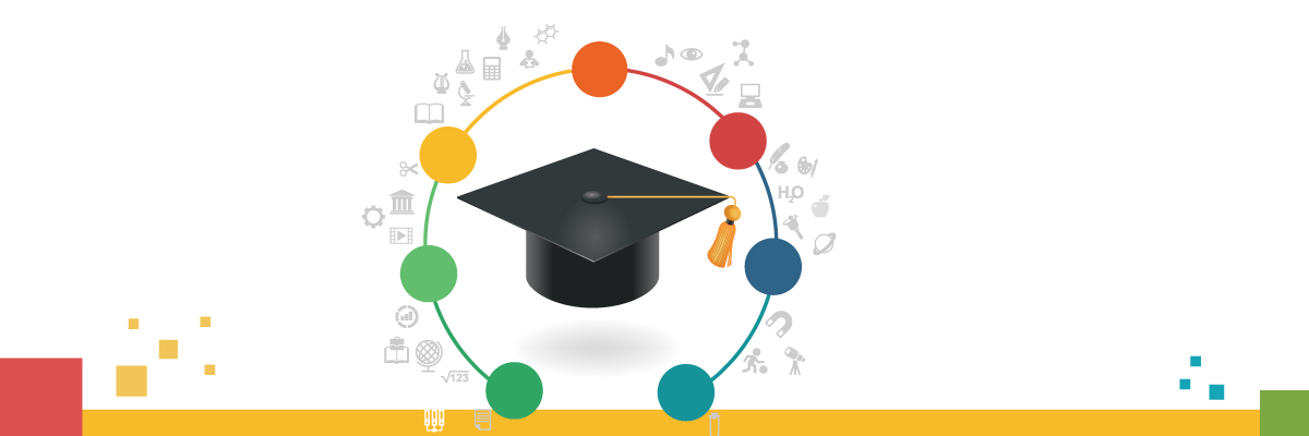 Image of graduation hat and floating ideas for education options