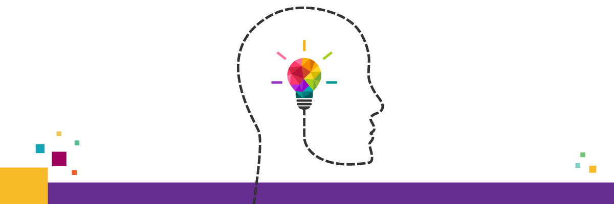 Image of a head with a multi-colored lightbulb inside reflecting ideas
